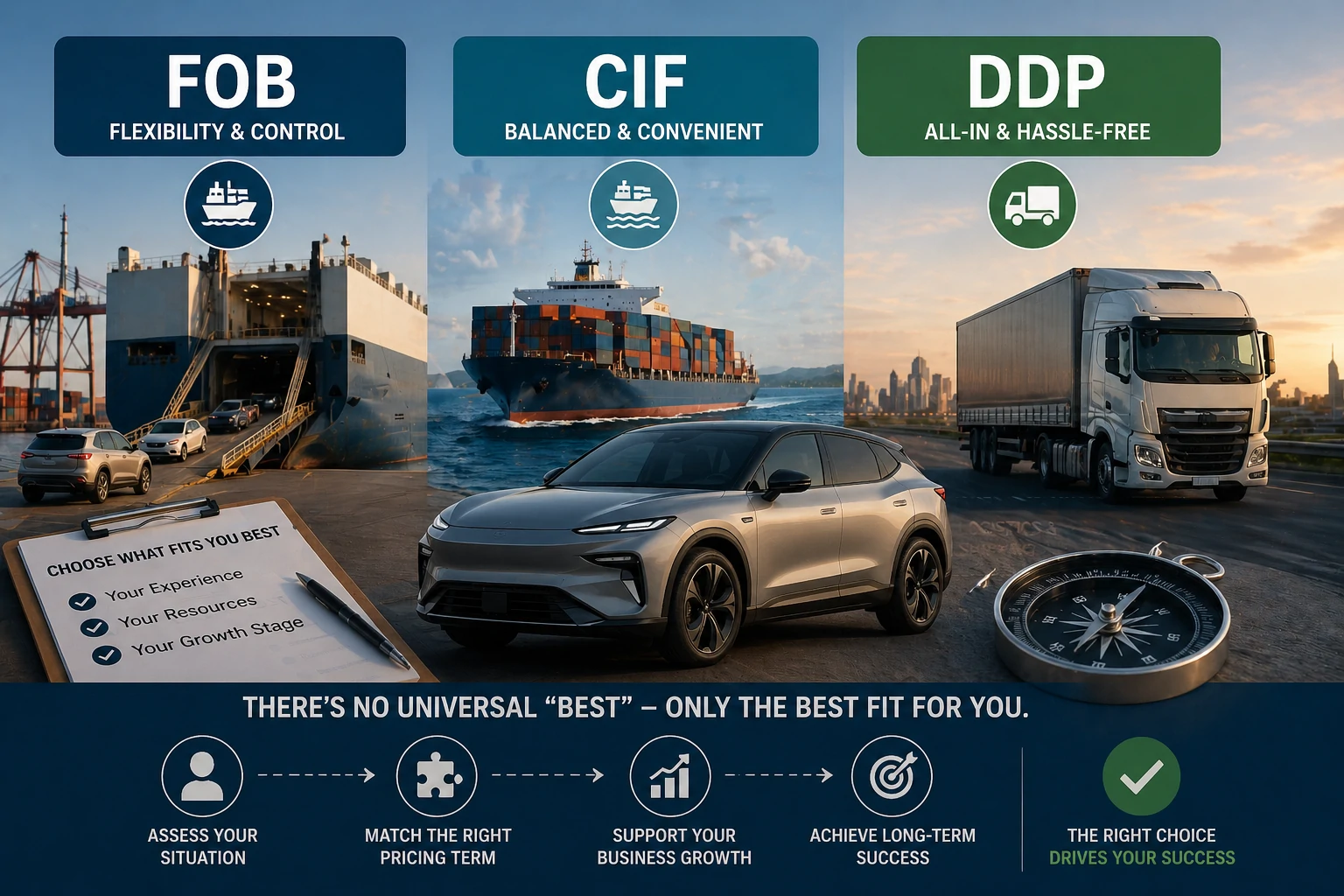 自動車輸出におけるFOB、CIF、DDP: どの価格設定条件が最適か